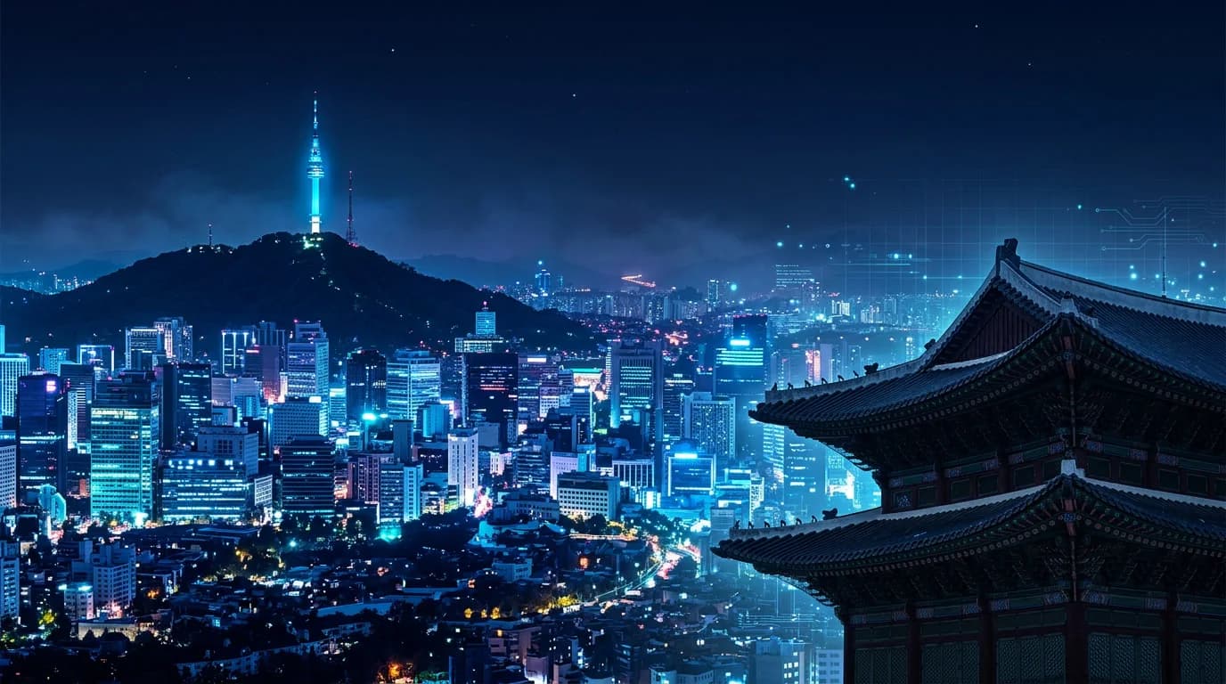 Seoul skyline at night with N Seoul Tower and a traditional palace roof