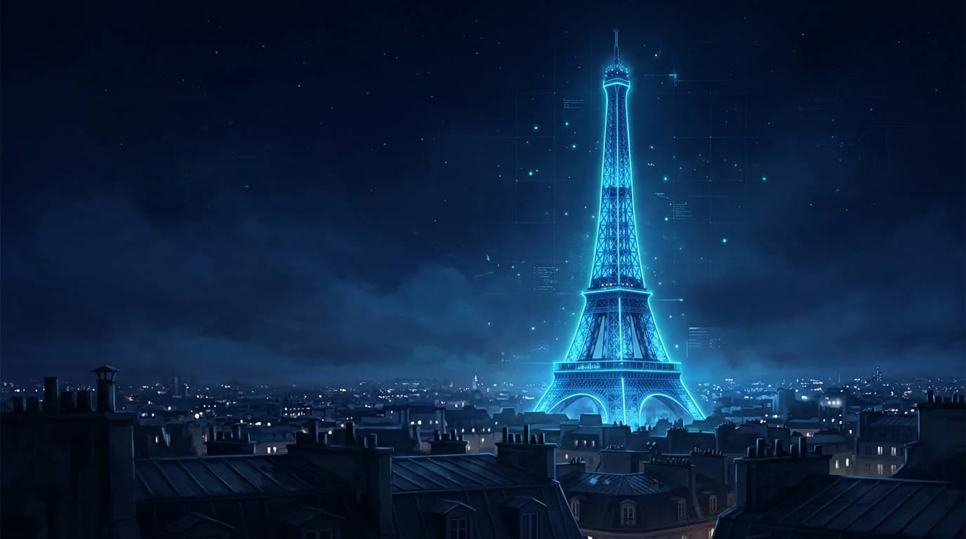 The Eiffel Tower above the Paris rooftops at night, lit in blue and cyan