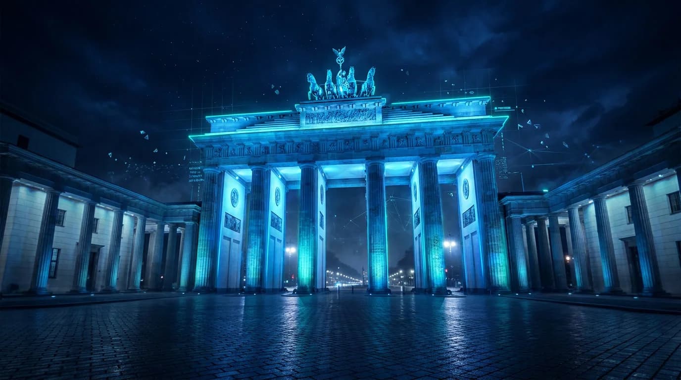 The Brandenburg Gate in Berlin at night, lit in blue and cyan