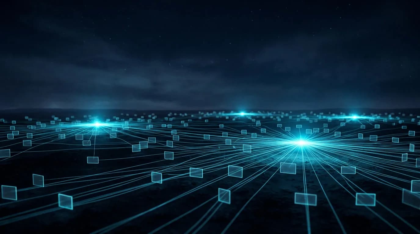 Glowing network of floating article cards linked by cyan lines across a dark plain at night