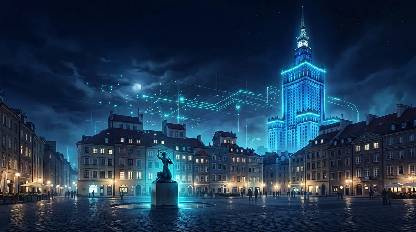 Warsaw Old Town square and the Palace of Culture and Science at night