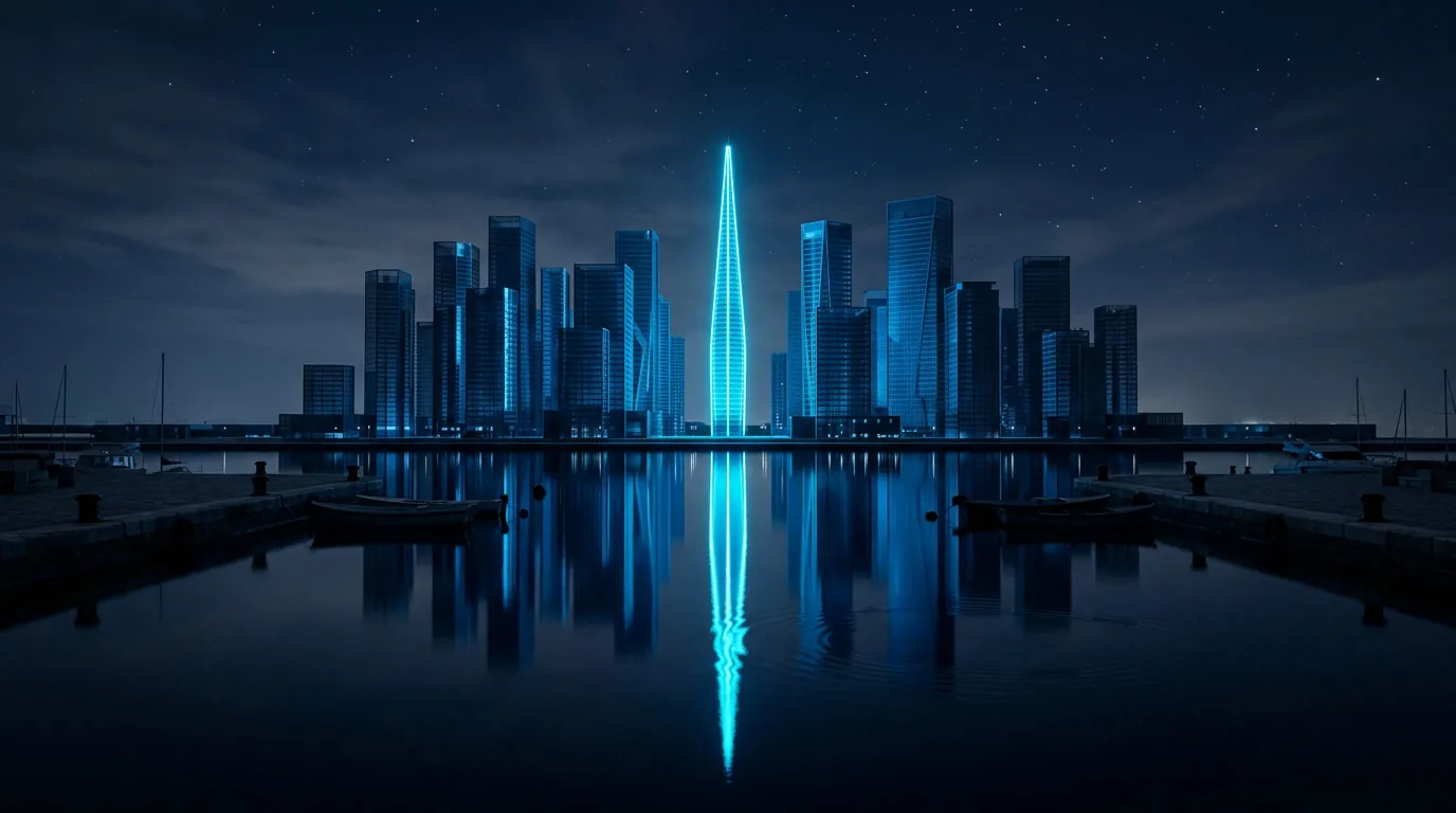 Night skyline of glass towers across a harbour, one tower glowing cyan and mirrored in the water