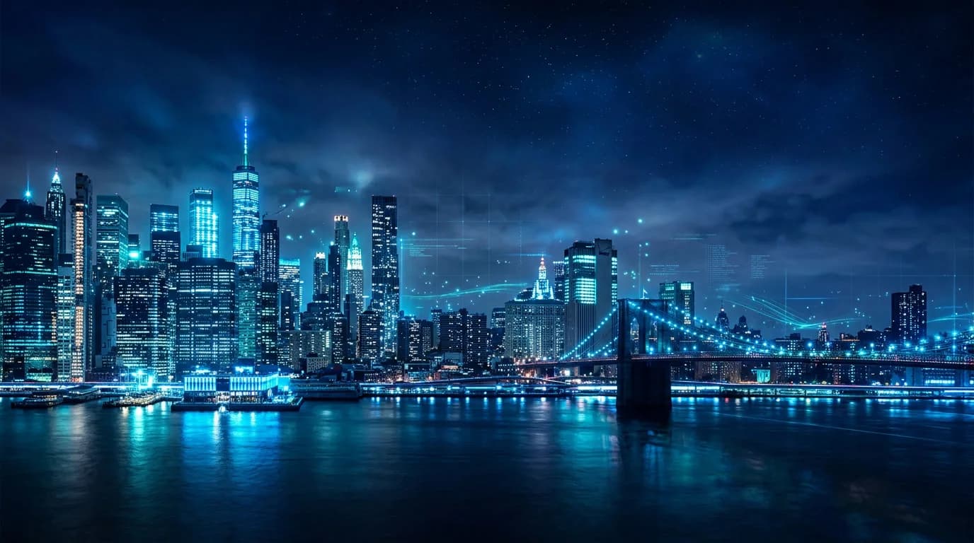 The Manhattan skyline in New York at night, reflected in the river